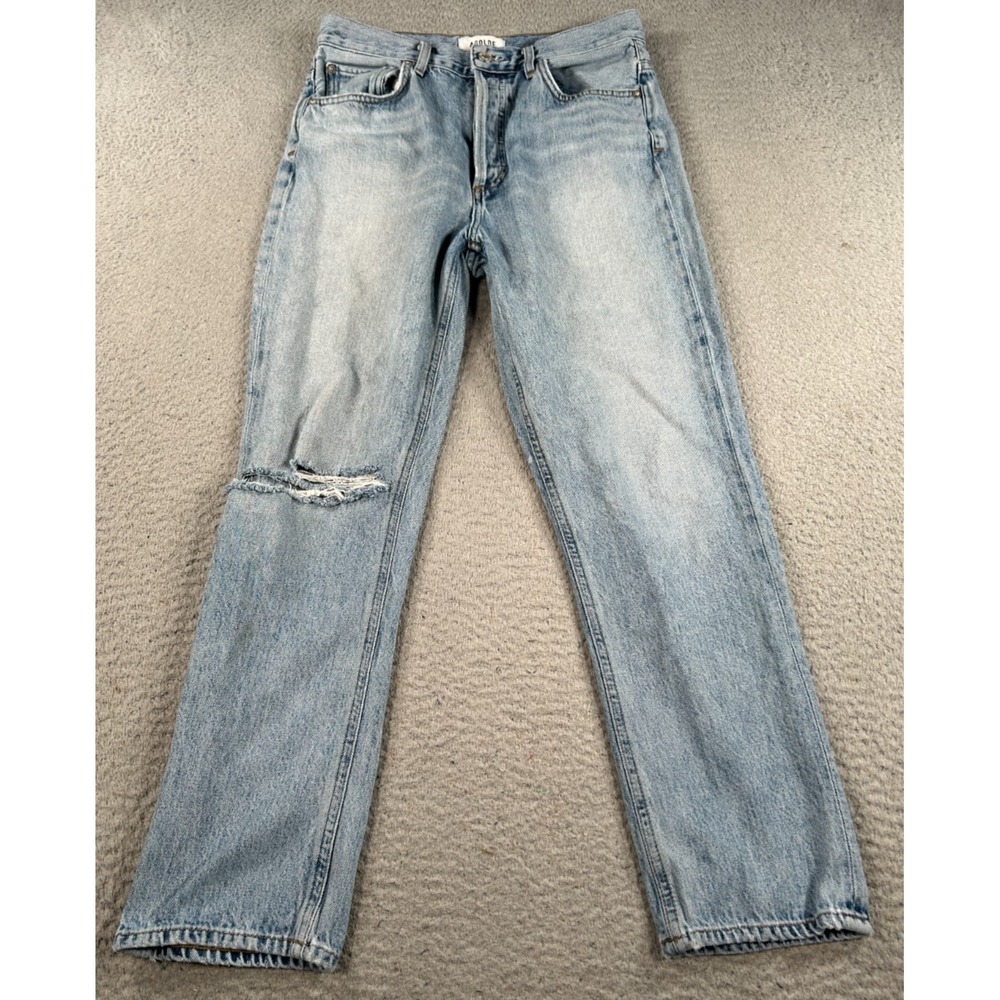 Vintage AGOLDE Riley Jeans Women 26x24 Blue Denim Straight Button Fly Distressed